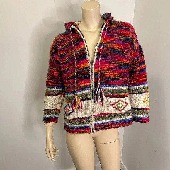 Unisex Rainbow Wool Knit Hoodie Sweater Jacket • M • Tassel Elf Hood Boho Hippie - Picture 4 of 9